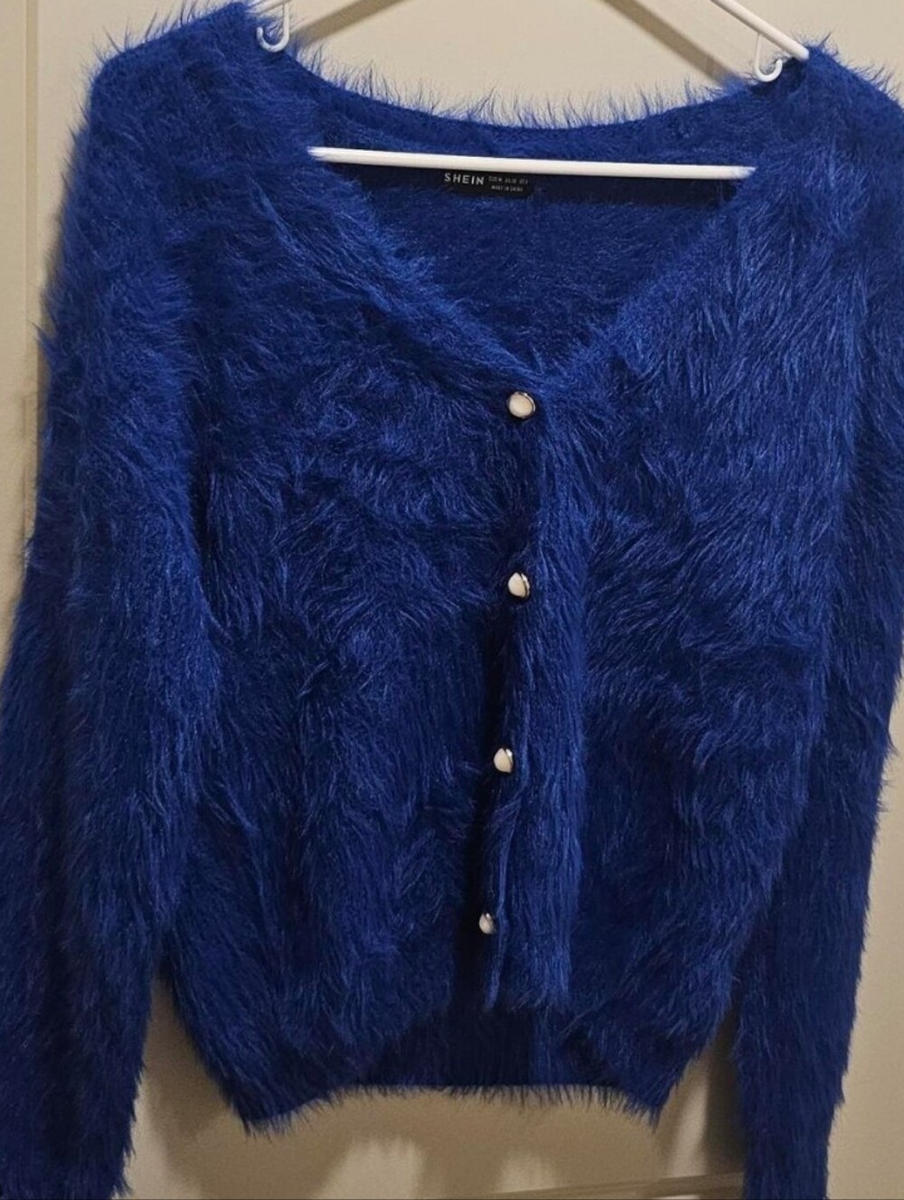 SHEIN Royal Blue Fuzzy V-Neck Cardigan